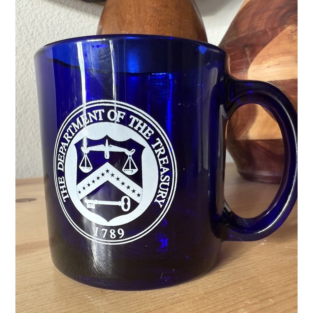 Vintage Libby Cobalt Blue Glass Mug Collectible Department Of Treasury 1789 Logo